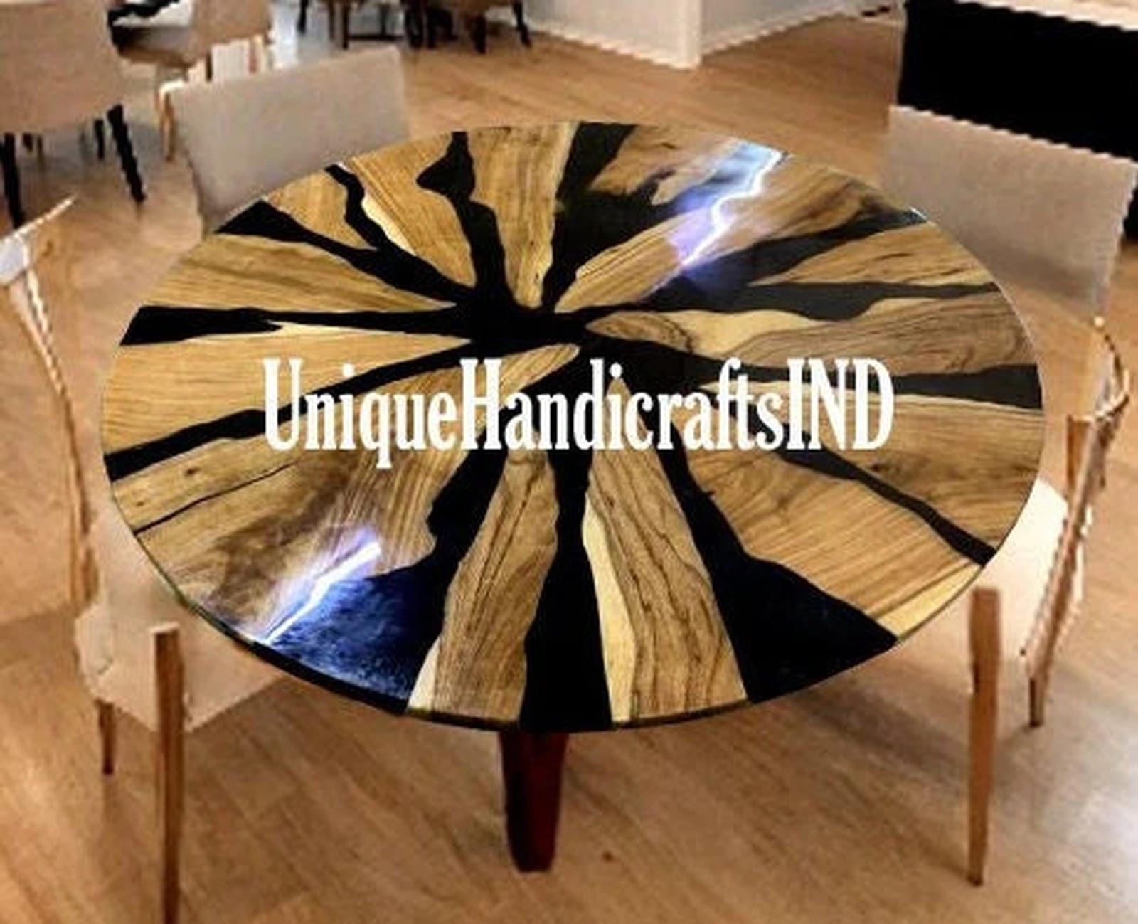 Round Epoxy Resin Table Top, Black Epoxy Center Table, Epoxy Resin River Table, Natural Wooden Epoxy Table Handmade Living Room Furniture Unique Handicrafts IND