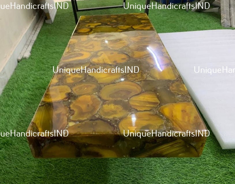 Console Table With Yellow Agate Stone, Handcrafted Sofa Table, Farmhouse Table, Accent Handmade Furniture Kitchen Countertops Slab Unique Handicrafts IND