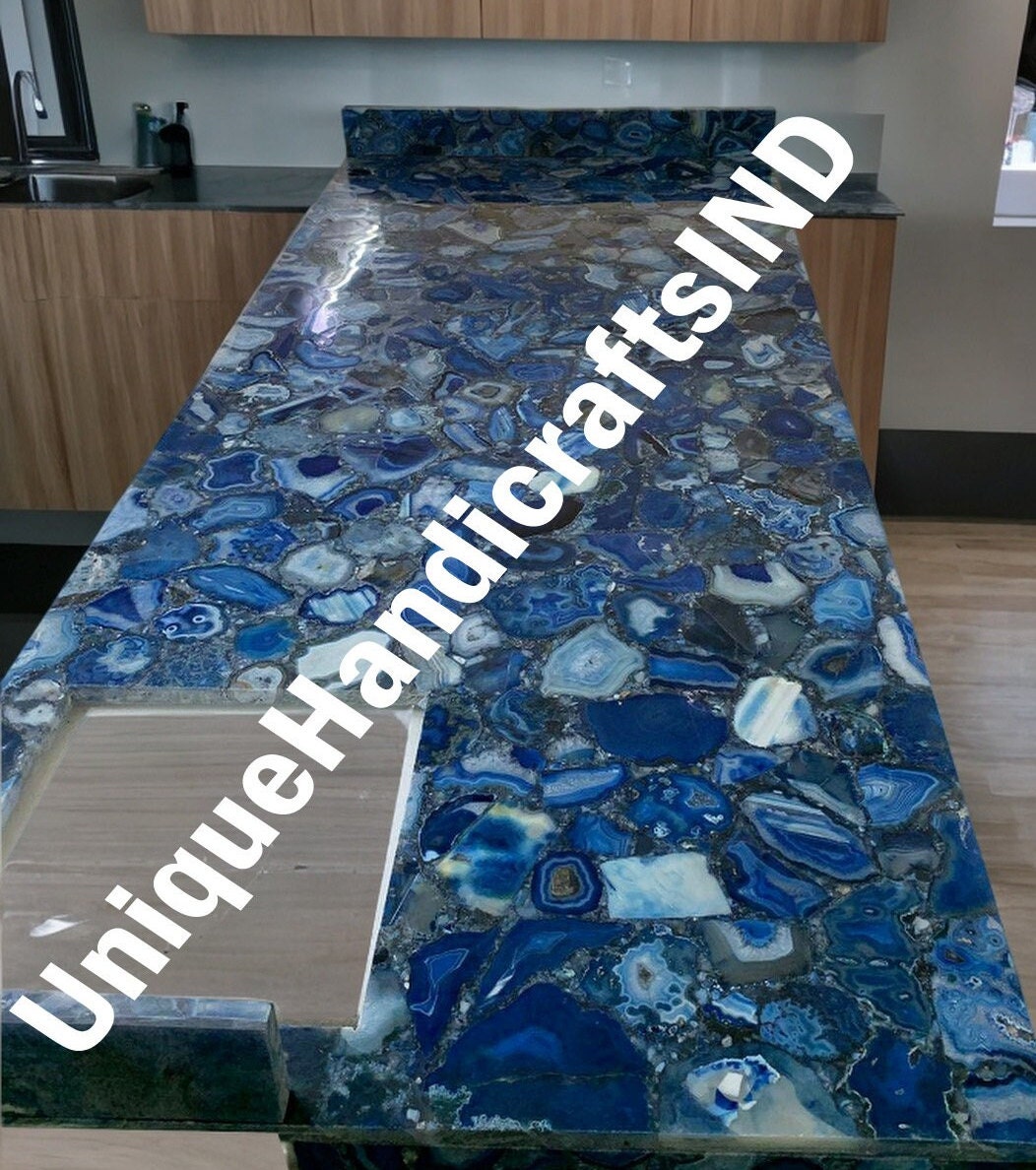 Customized Kitchen Countertops, Blue Agate Geode Countertop Slabs, Agate Kitchen Island, Coffee & Dining table, Slabs for Kitchen Decor Unique Handicrafts IND