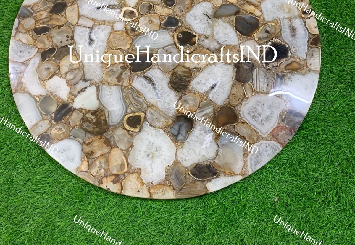 Stone Coffee, Dinning, Side, Center Round Table Top With Natural Agate Mosaic Arts Handmade Collectibles Furniture For Living Room Decor Unique Handicrafts IND