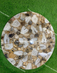 Stone Coffee, Dinning, Side, Center Round Table Top With Natural Agate Mosaic Arts Handmade Collectibles Furniture For Living Room Decor Unique Handicrafts IND