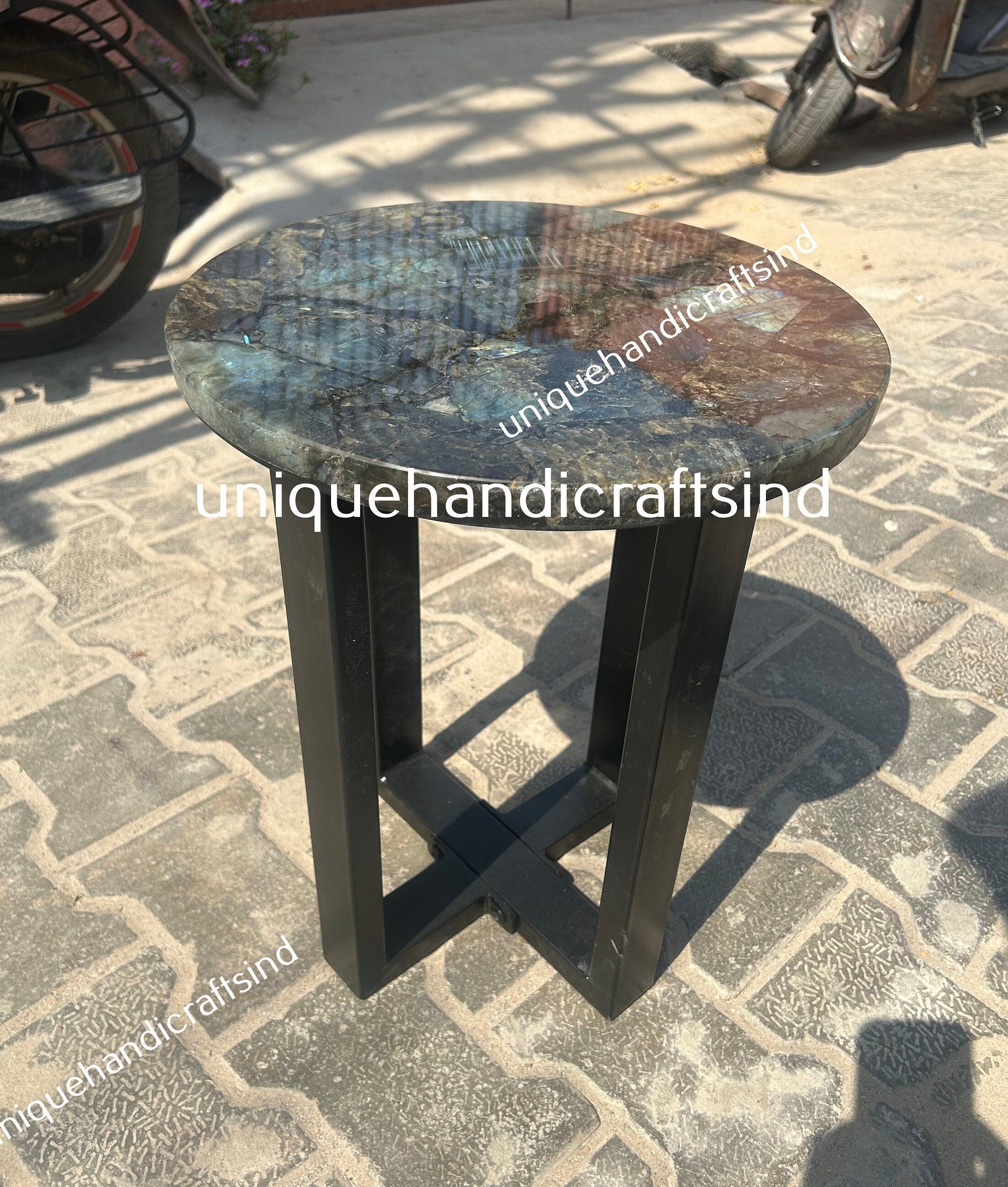 Labradorite Table With Metal Leg, Labradorite Kitchen Slab, Round Table, Dining Table, Coffee Table, Luxury Gift For Your Special One Unique Handicrafts IND