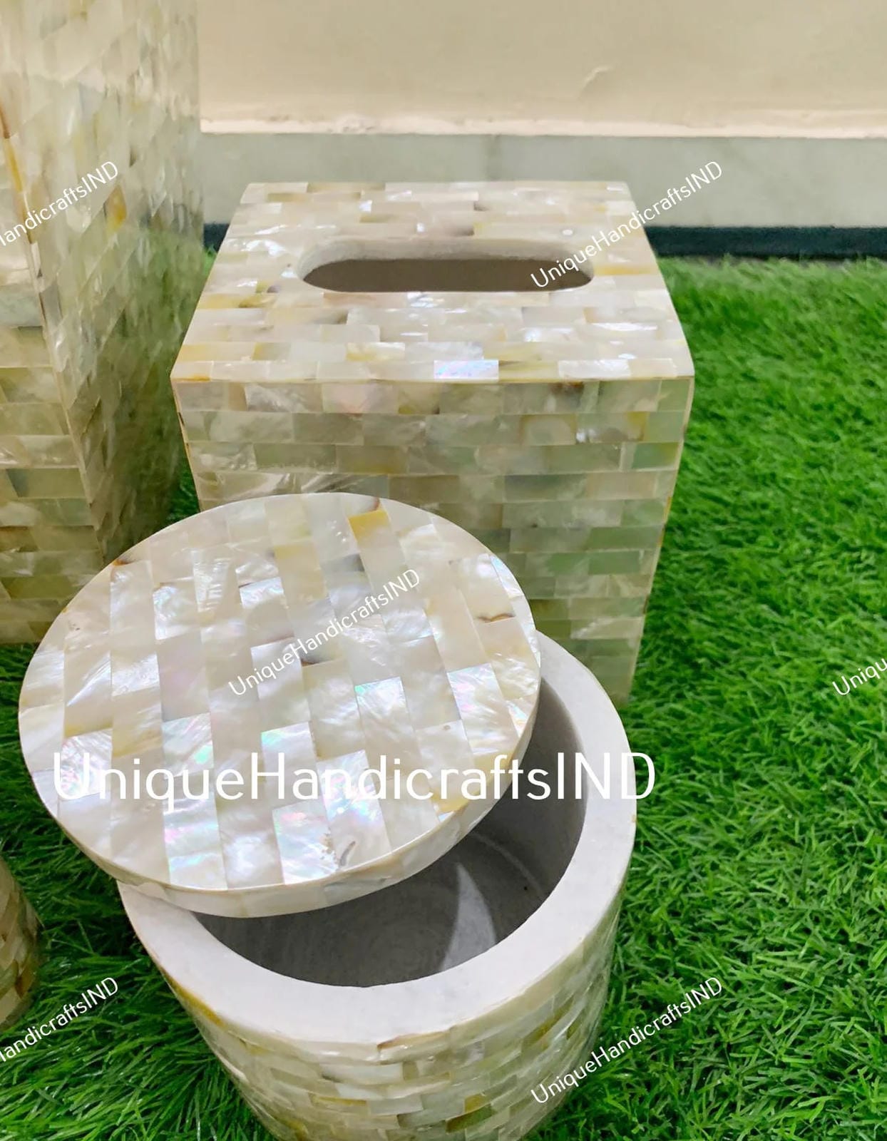 Mother of Pearl Bathroom Set of 8 Pcs | Elegant Marble Mop Bathroom Accessories Set with Soap Dispenser, Toothbrush Holder, Tumbler Unique Handicrafts IND