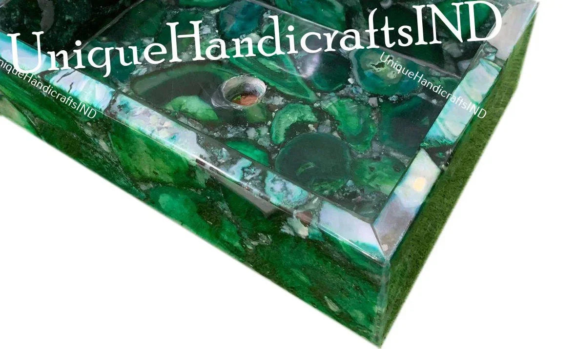 Bathroom & Kitchen Sink/ Wash Basin Handicraft Semiprecious Stones Green Natural Agate Handmade Art Bathroom Decor Interior Unique Handicrafts IND
