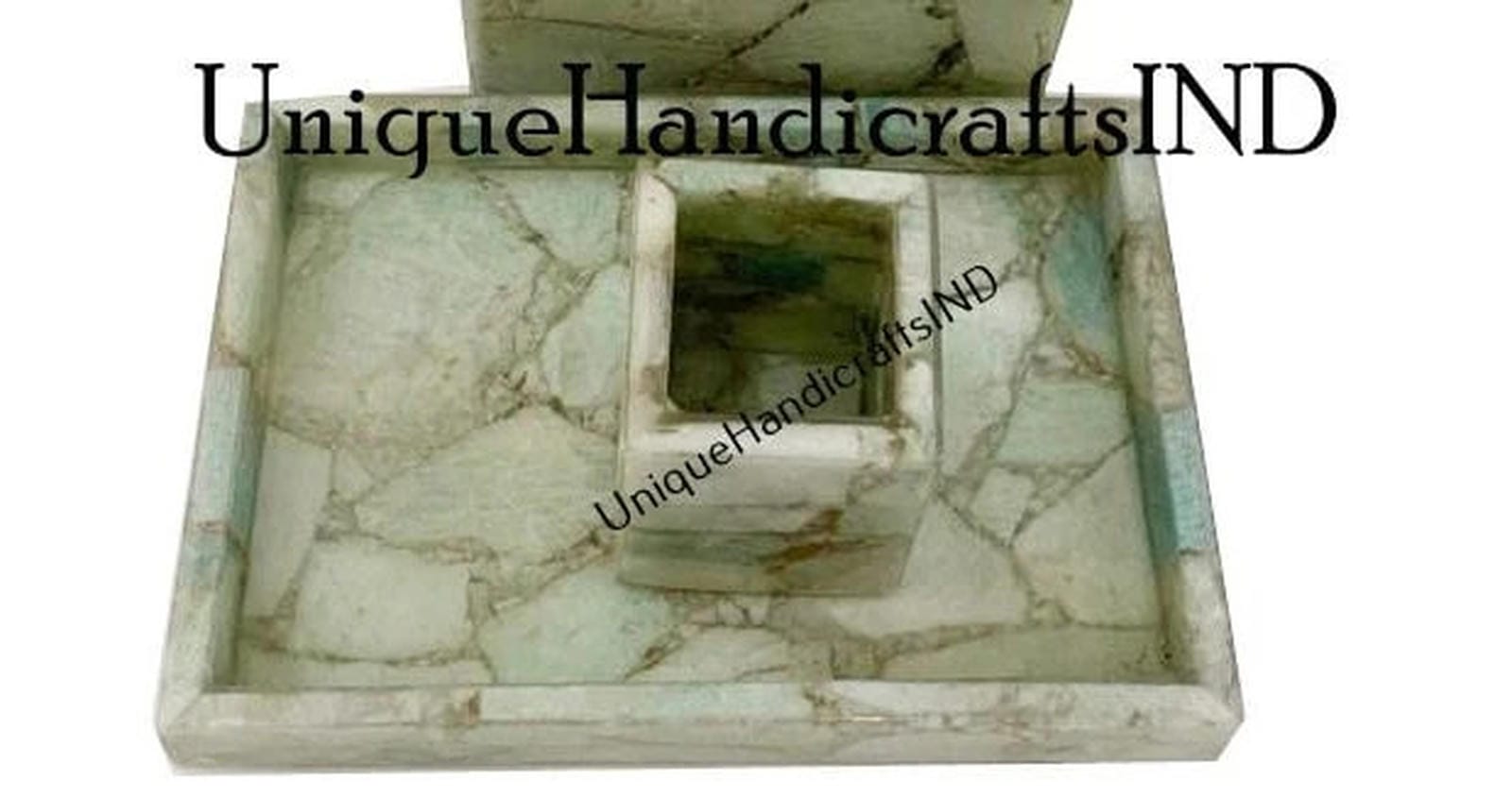 Amazonite Stone Bathroom Set of 3 Pcs | Unique Natural Stone Soap Dispenser, Toothbrush Holder, Tumbler Unique Handicrafts IND
