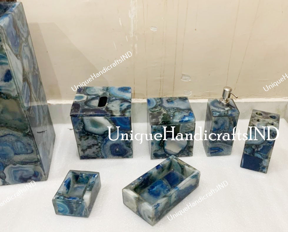 Bathroom Set With 7 Pcs / Bathroom Accessories / Bathroom Decor / Luxury Bathroom Set Gemstone Mosaic Arts for Luxury Bathroom Decor Unique Handicrafts IND