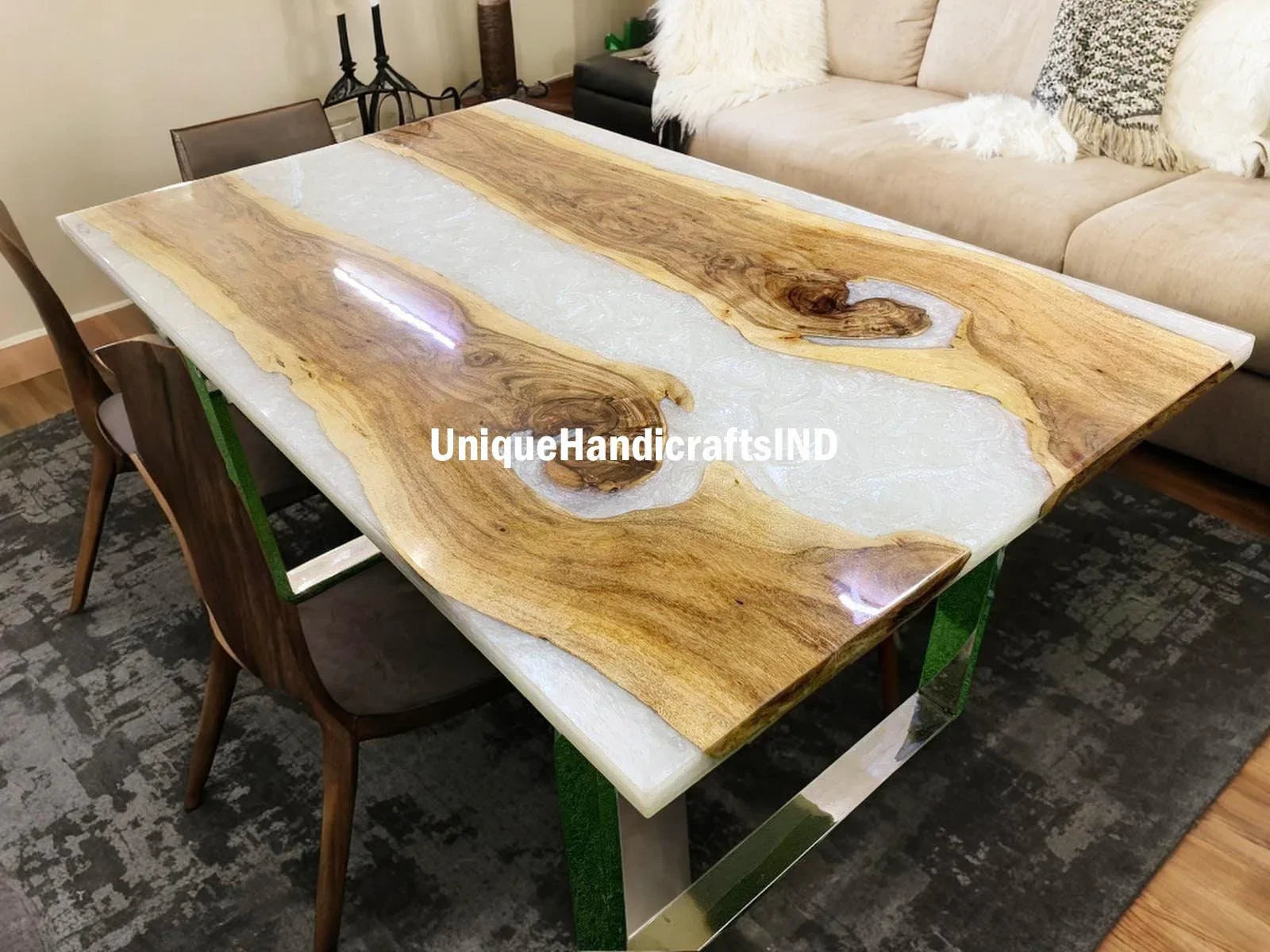Epoxy Wooden Table, dining, sofa, center table in White epoxy Table, Live Edge  Handmade Living Room Furniture For Home Decor Art Unique Handicrafts IND
