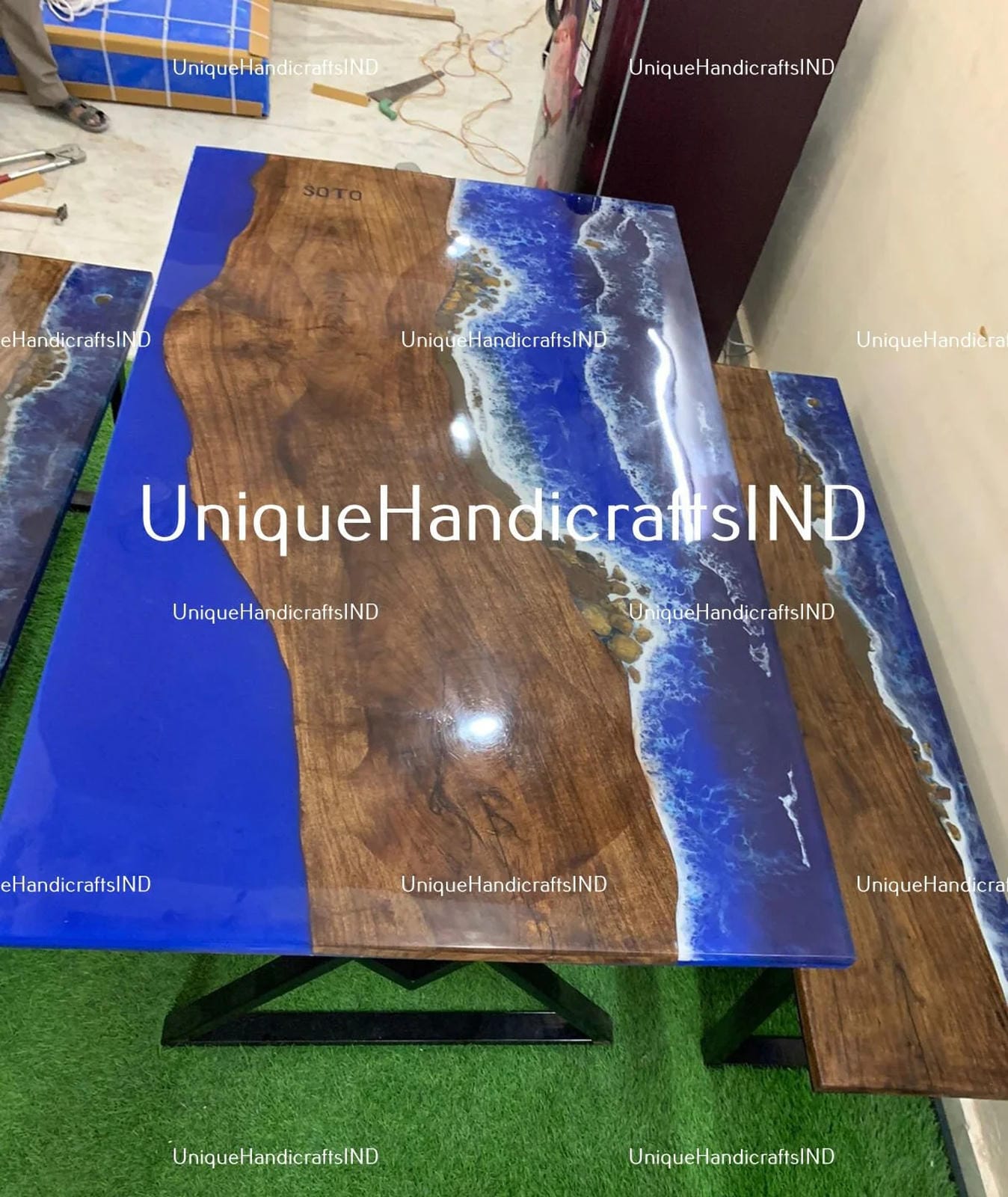 Epoxy Table Top / Wooden Epoxy Dining Table Top / Blue Ocean River Epoxy Table / Rectangular wood table Handmade rustic end tables Unique Handicrafts IND