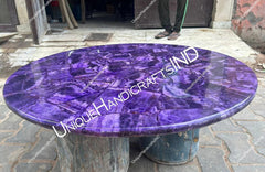 Round Stone Table Top With Amethyst Semi Precious Stone, Living Room Round Tabletop, Gemstone Table Handmade Furniture For Home Decor Unique Handicrafts IND