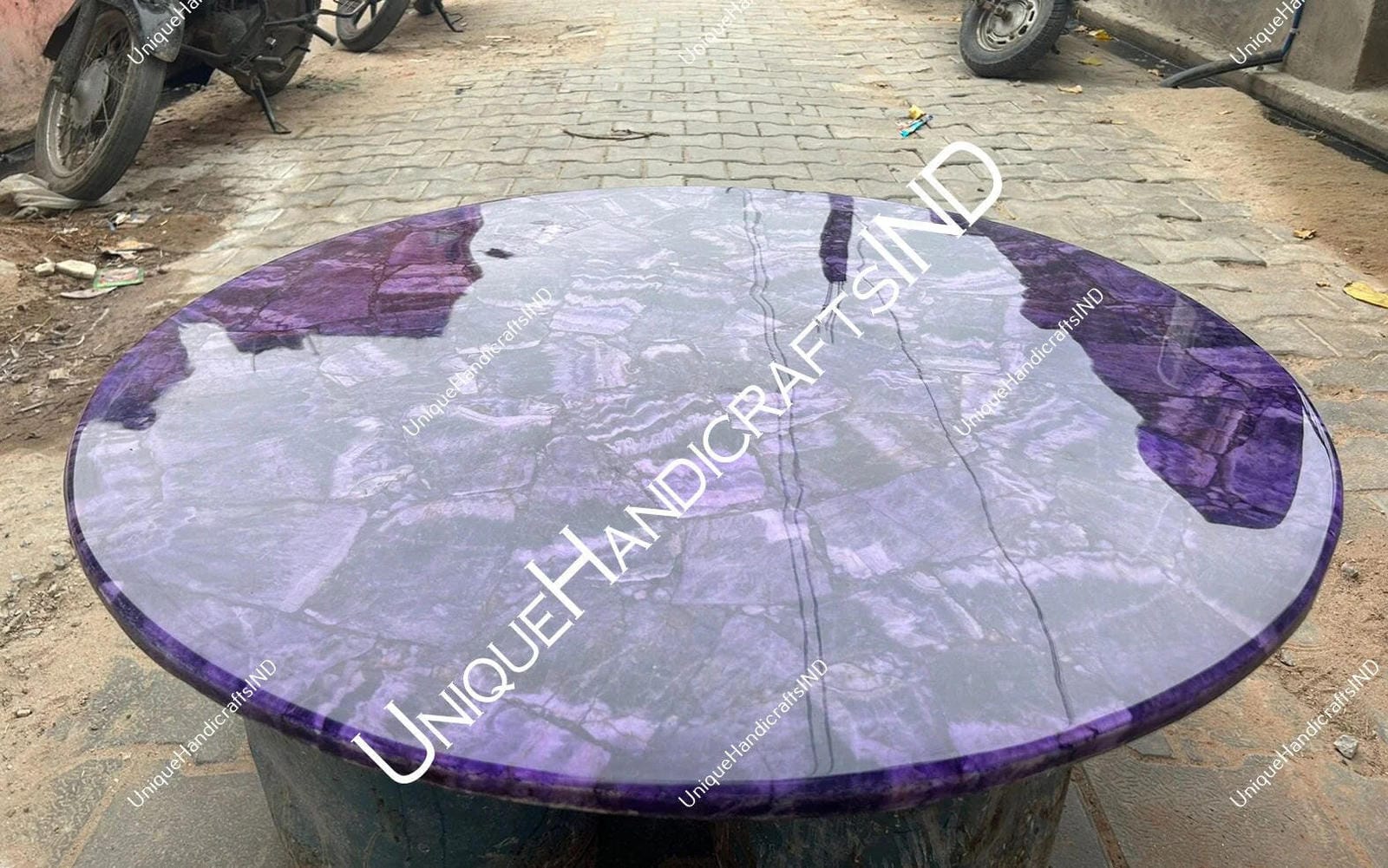 Round Stone Table Top With Amethyst Semi Precious Stone, Living Room Round Tabletop, Gemstone Table Handmade Furniture For Home Decor Unique Handicrafts IND