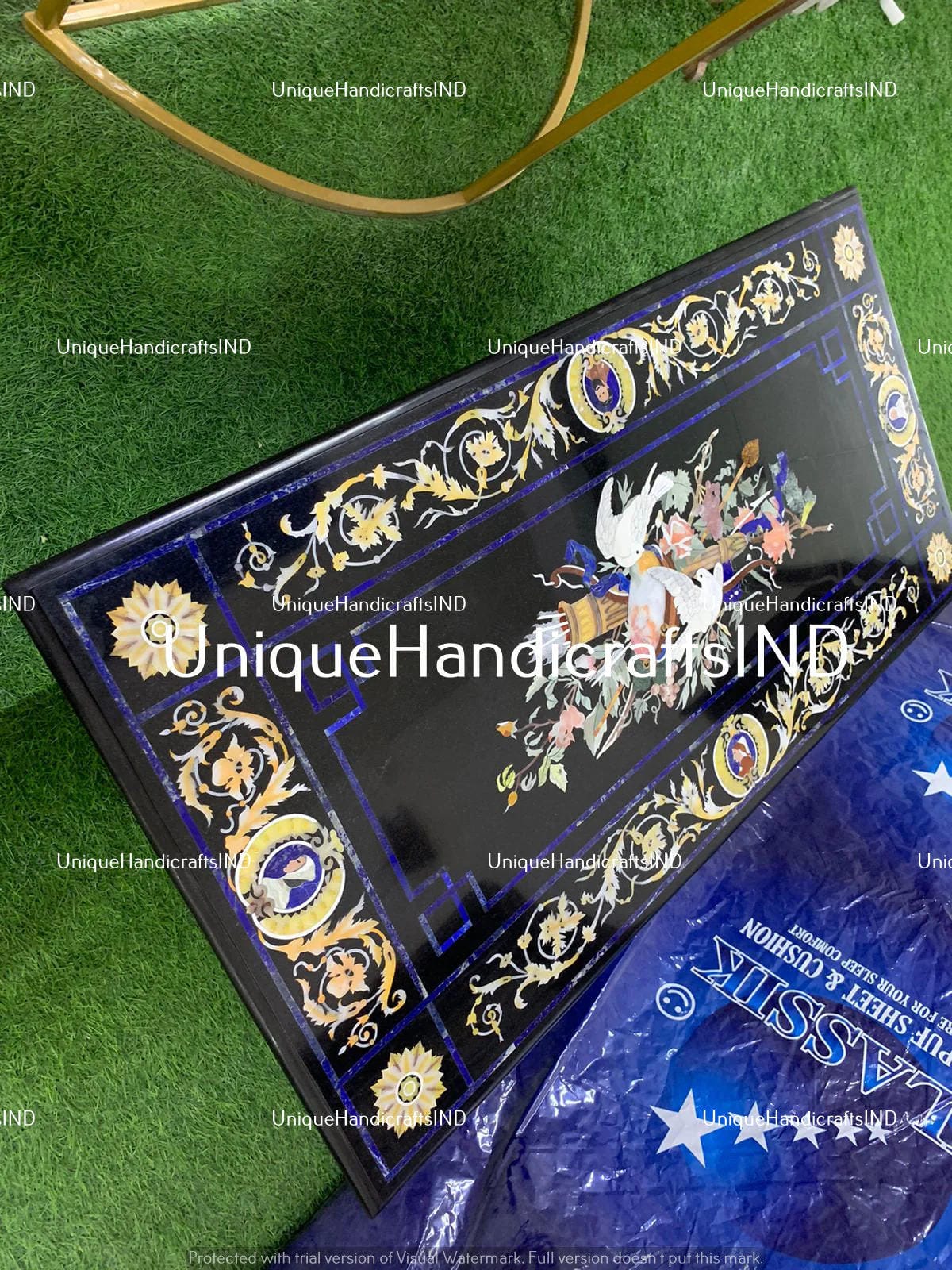 Black Marble Coffee Table Top Handmade Lapis Inlay Semi Precious Pigeon Pietradura Floral Design Handmade Dining Room Decor Furniture Unique Handicrafts IND