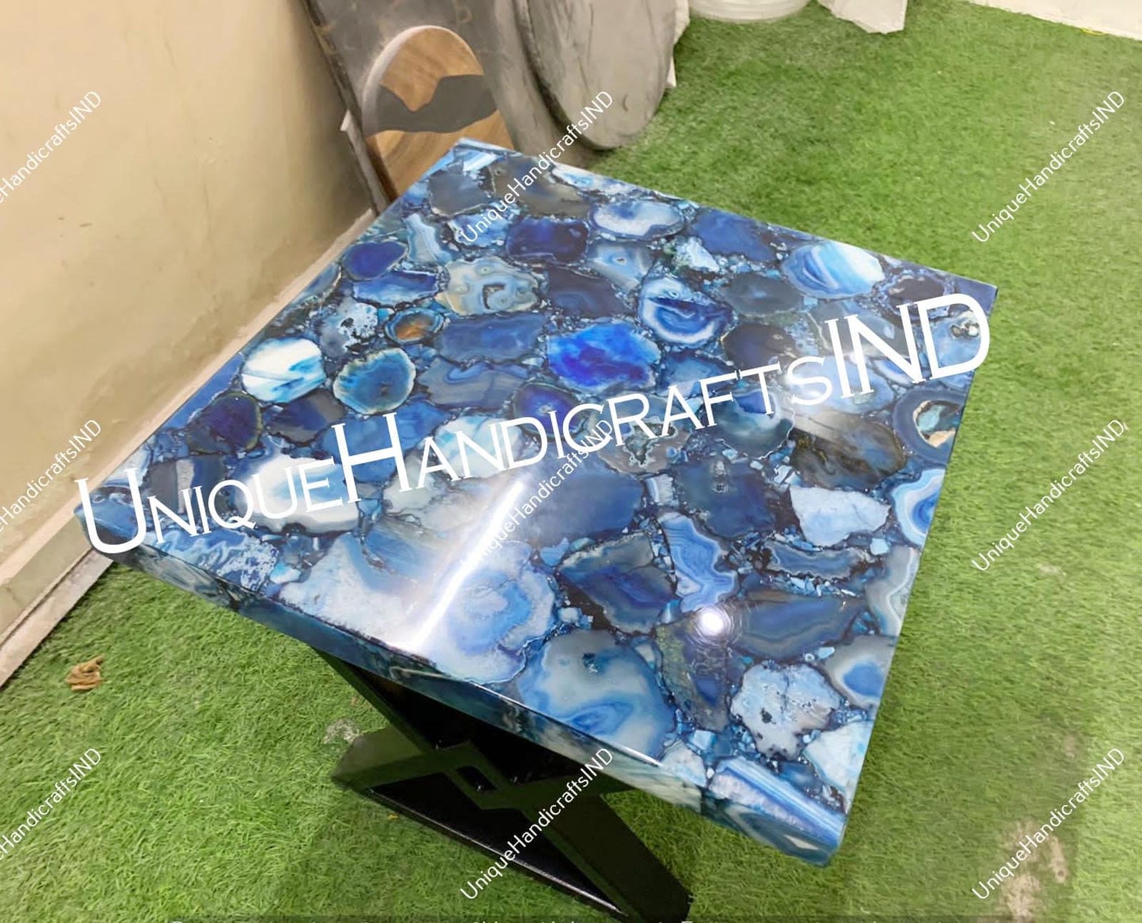 Stone Coffee Table With Natural Blue Agate Mosaic Gemstone Arts Square Handmade Garden Furniture Gifts For Her Wedding Unique Handicrafts IND