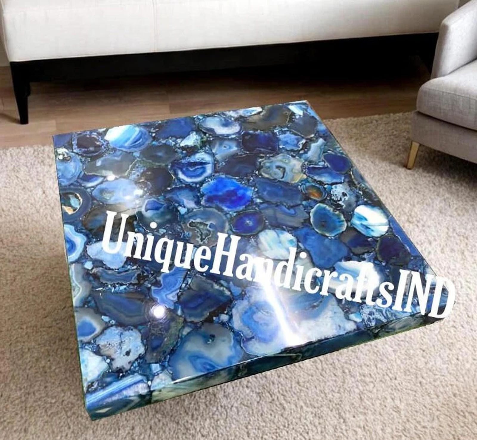 Stone Coffee Table With Natural Blue Agate Mosaic Gemstone Arts Square Handmade Garden Furniture Gifts For Her Wedding Unique Handicrafts IND