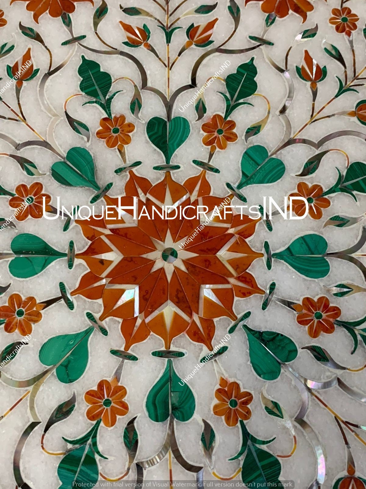 Marble Coffee Table Top Carnelian & Malachite Semi precious Gemstones Pietradura Floral Handmade Arts Mid Century Modern Furniture Unique Handicrafts IND