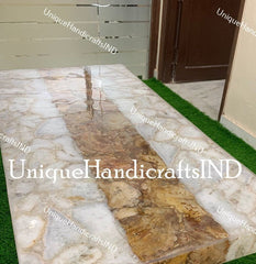 White Quartz Table , Quartz with golden Petrified Strip / Stone Coffee Table , Dinning Table Top, Countertop Slab Handmade Furniture Decor Unique Handicrafts IND