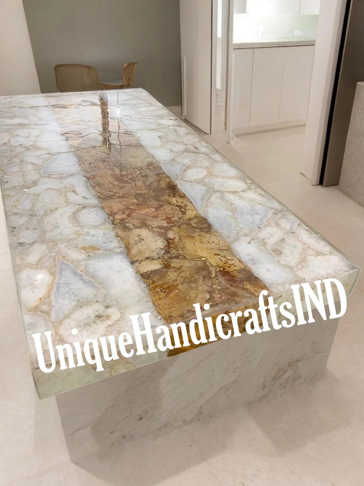 White Quartz Table , Quartz with golden Petrified Strip / Stone Coffee Table , Dinning Table Top, Countertop Slab Handmade Furniture Decor Unique Handicrafts IND