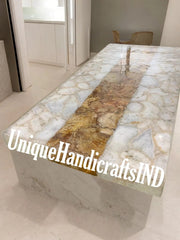 White Quartz Table , Quartz with golden Petrified Strip / Stone Coffee Table , Dinning Table Top, Countertop Slab Handmade Furniture Decor Unique Handicrafts IND