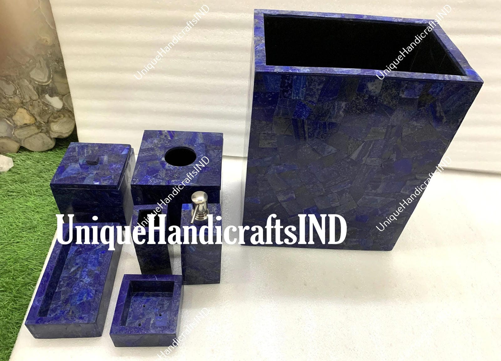 Bathroom Accessories Set, 7 Piece Lapis Lazuli Bathroom Set, Tooth Brush Holder, Soap Dispenser, Tissue Box, Bathroom Decor Unique Handicrafts IND