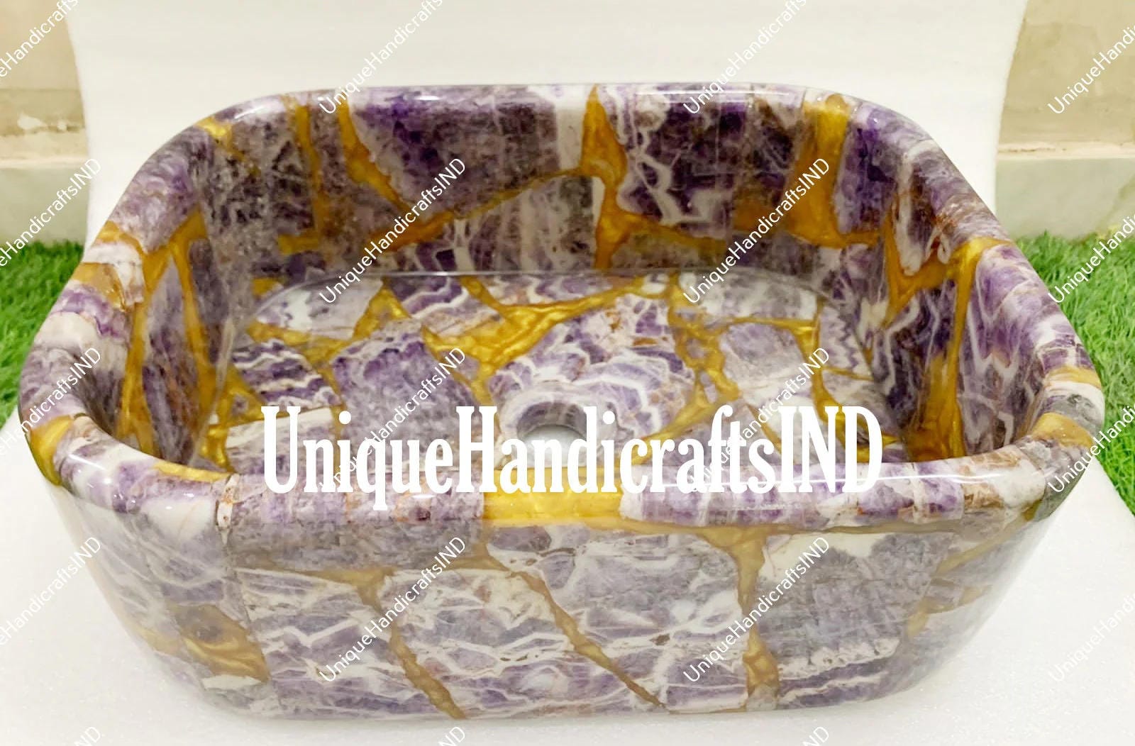 Farm house Sink / Washbasin With Amethyst Agate, Marble Sink, Natural Stone Sink, Vessel Sinks, Stone Bathroom Sink, Outdoor Sink, Unique Handicrafts IND