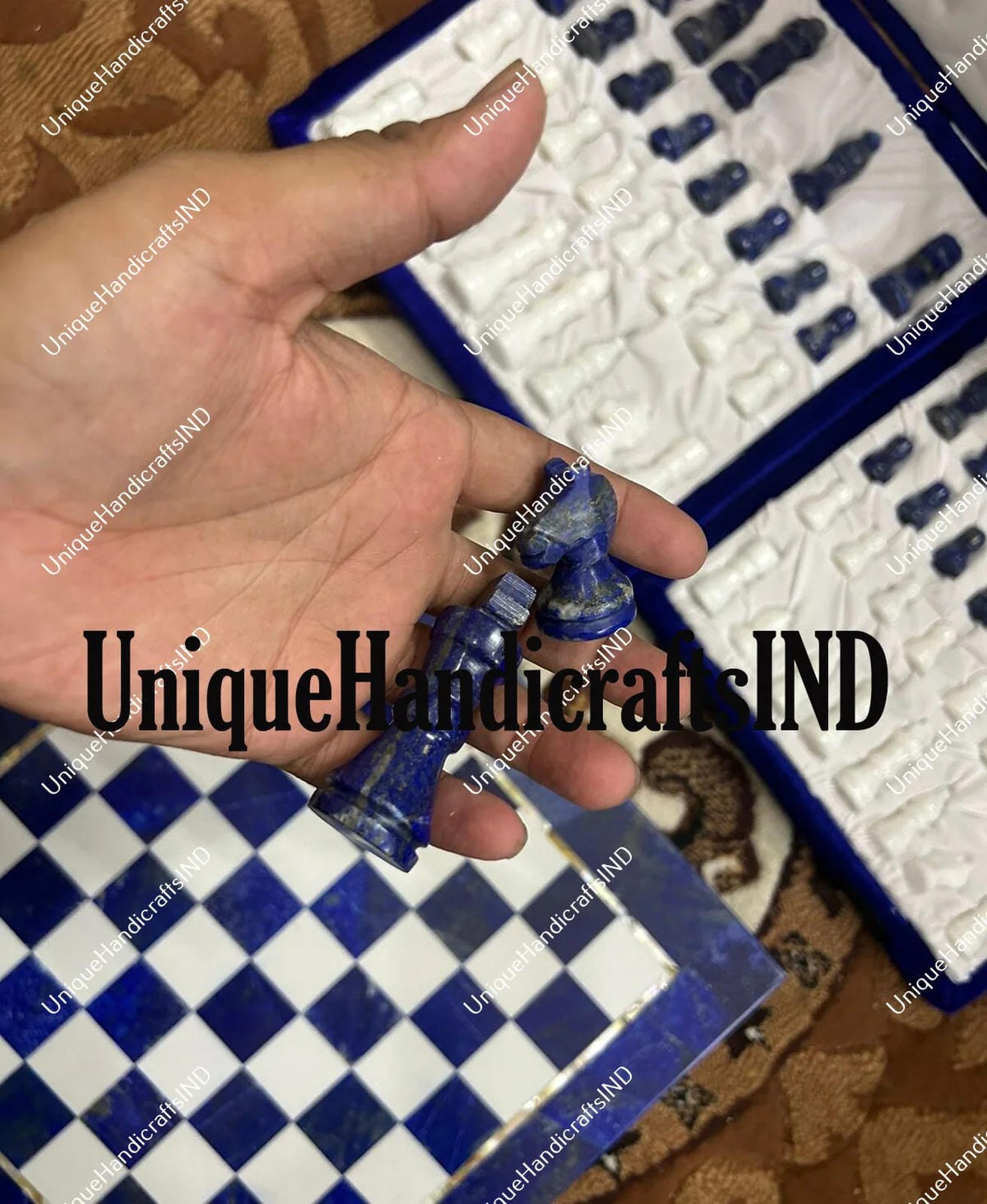 Christmas Gifts Marble chess board game hand craft lapis inlay stone decoration piece, modern art, office interior, minimalist craft gift Unique Handicrafts IND