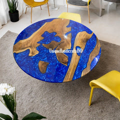 Table For 6, Epoxy Resin table, Round Table, Blue Epoxy Dining Table, Coffee Table, Dining Table, Office Table Handmade Wooden Furniture Unique Handicrafts IND