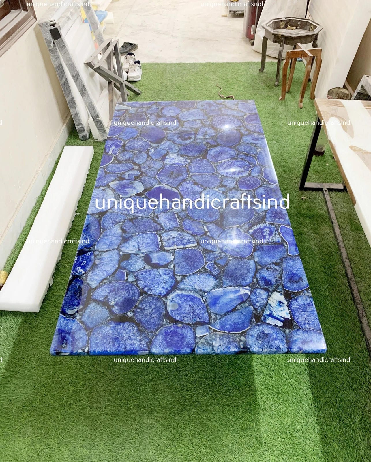 Dining Table Top in Blue Agate stone , Kitchen & Bar Countertop Island Slab, Stone Kitchen Table Top, Handmade Living Room Décor Furniture Unique Handicrafts IND