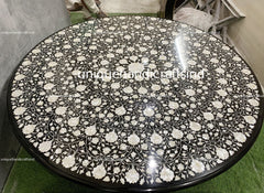 Round Black Marble Inlay Table With Mother of Pearl Stone Inlay Work Art Handmade Kitchen Décor Furniture With Marble Base Unique Handicrafts IND