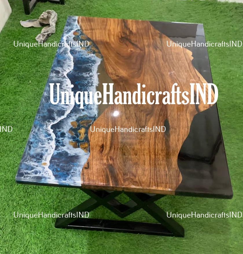 Epoxy River Table | Blue Ocean Walnut River Table | Epoxy Coffee Table | Epoxy Resin Table | Live Edge Table | Accent Table Furniture Unique Handicrafts IND