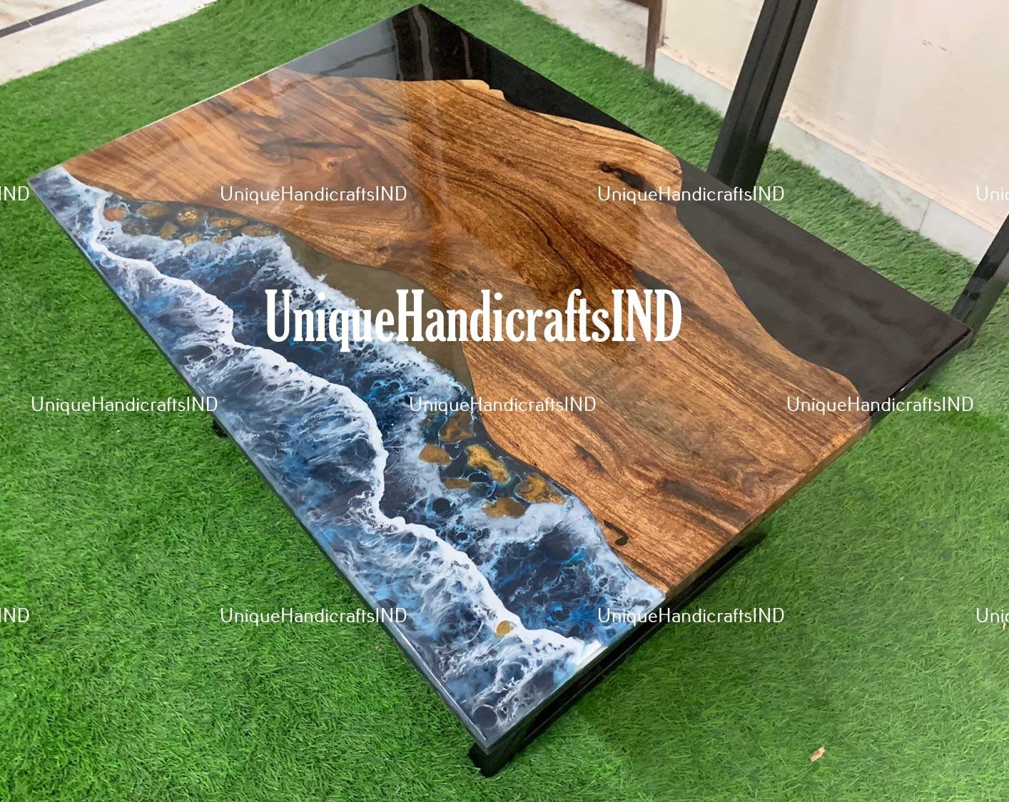 Epoxy River Table | Blue Ocean Walnut River Table | Epoxy Coffee Table | Epoxy Resin Table | Live Edge Table | Accent Table Furniture Unique Handicrafts IND