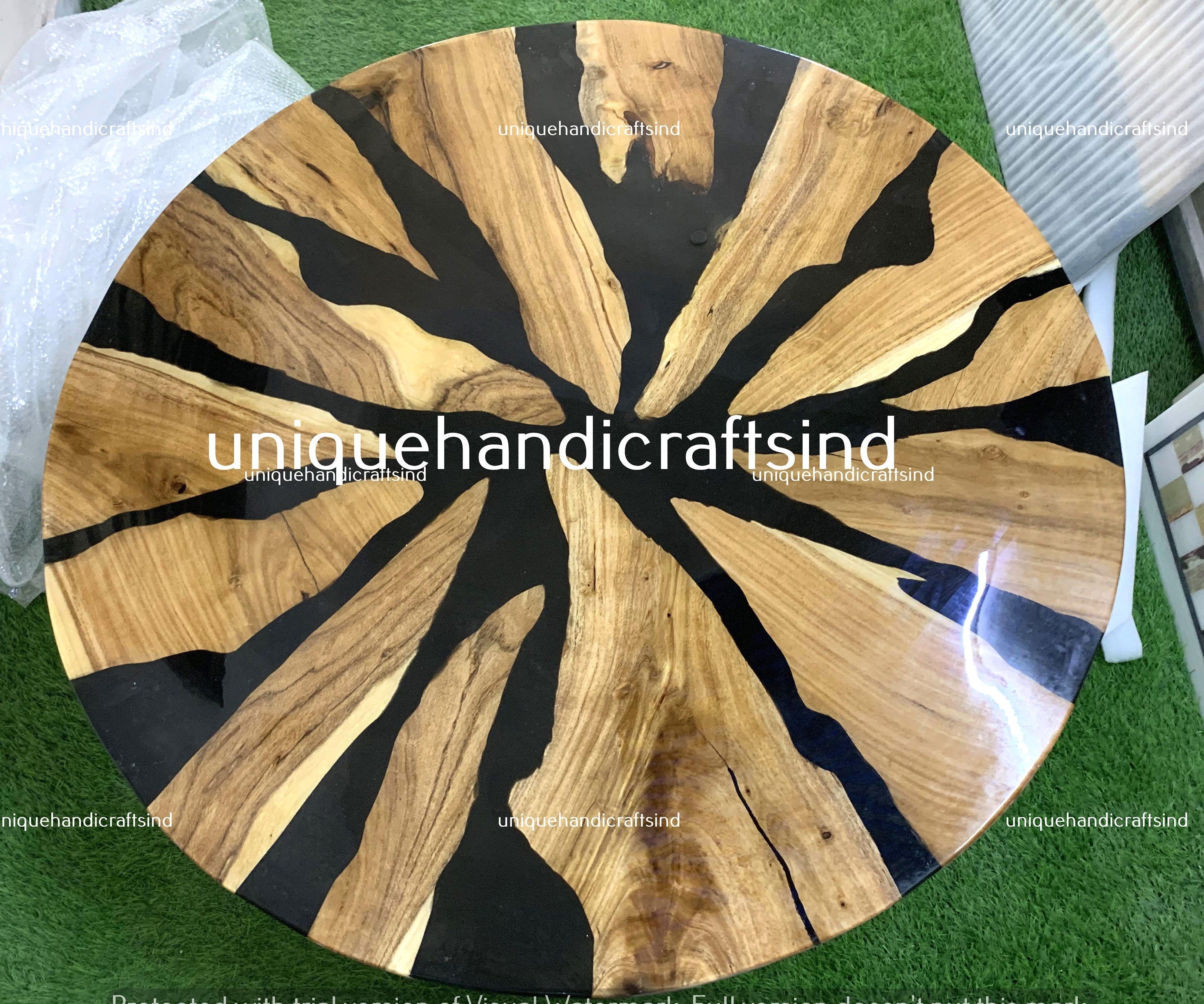 Round Epoxy Resin Table Top, Black Epoxy Center Table, Epoxy Resin River Table, Natural Wooden Epoxy Table Handmade Living Room Furniture Unique Handicrafts IND