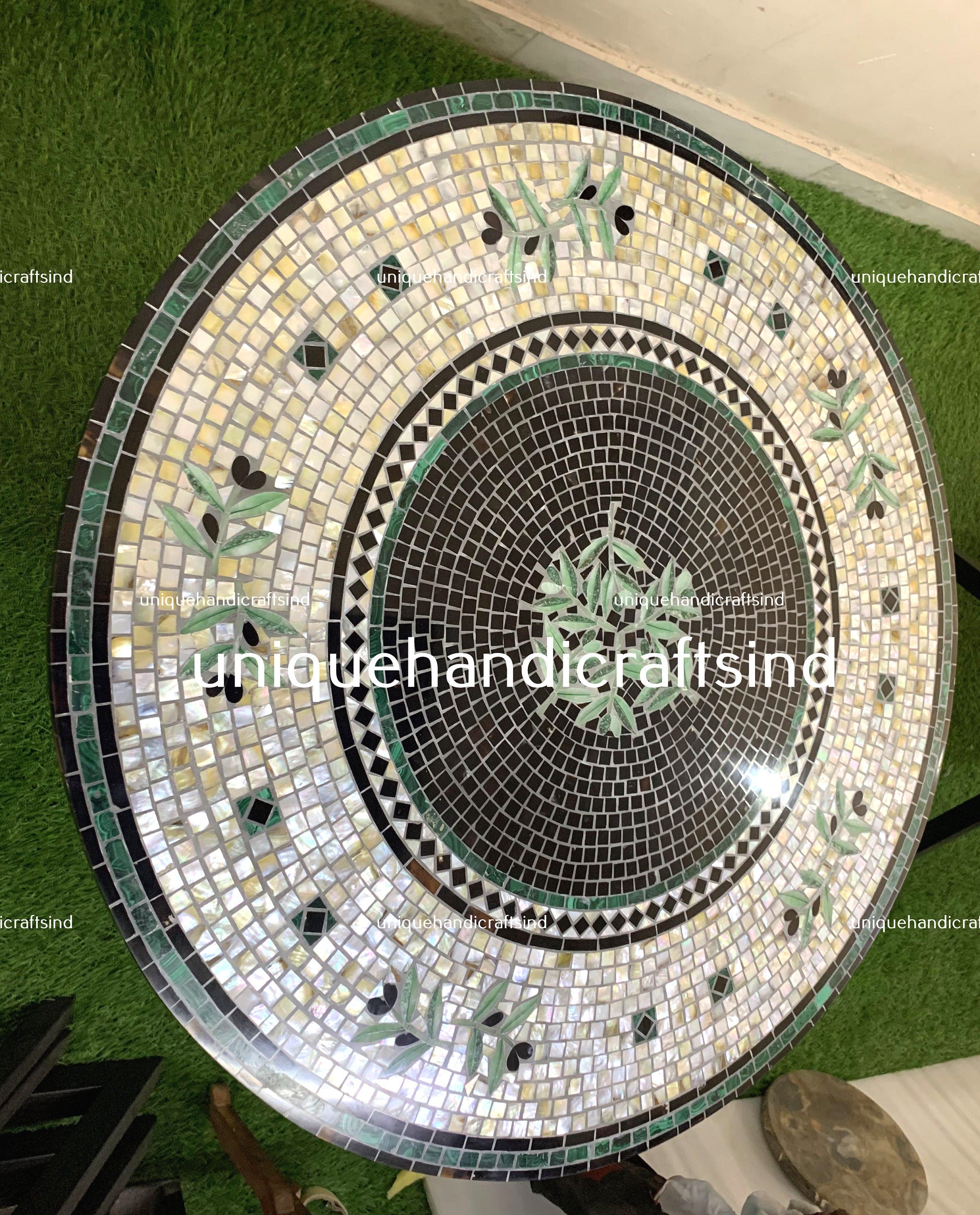 Coffe Table in Mother of Pearls stone  Inlay work with Metal legs Unique Handicrafts IND