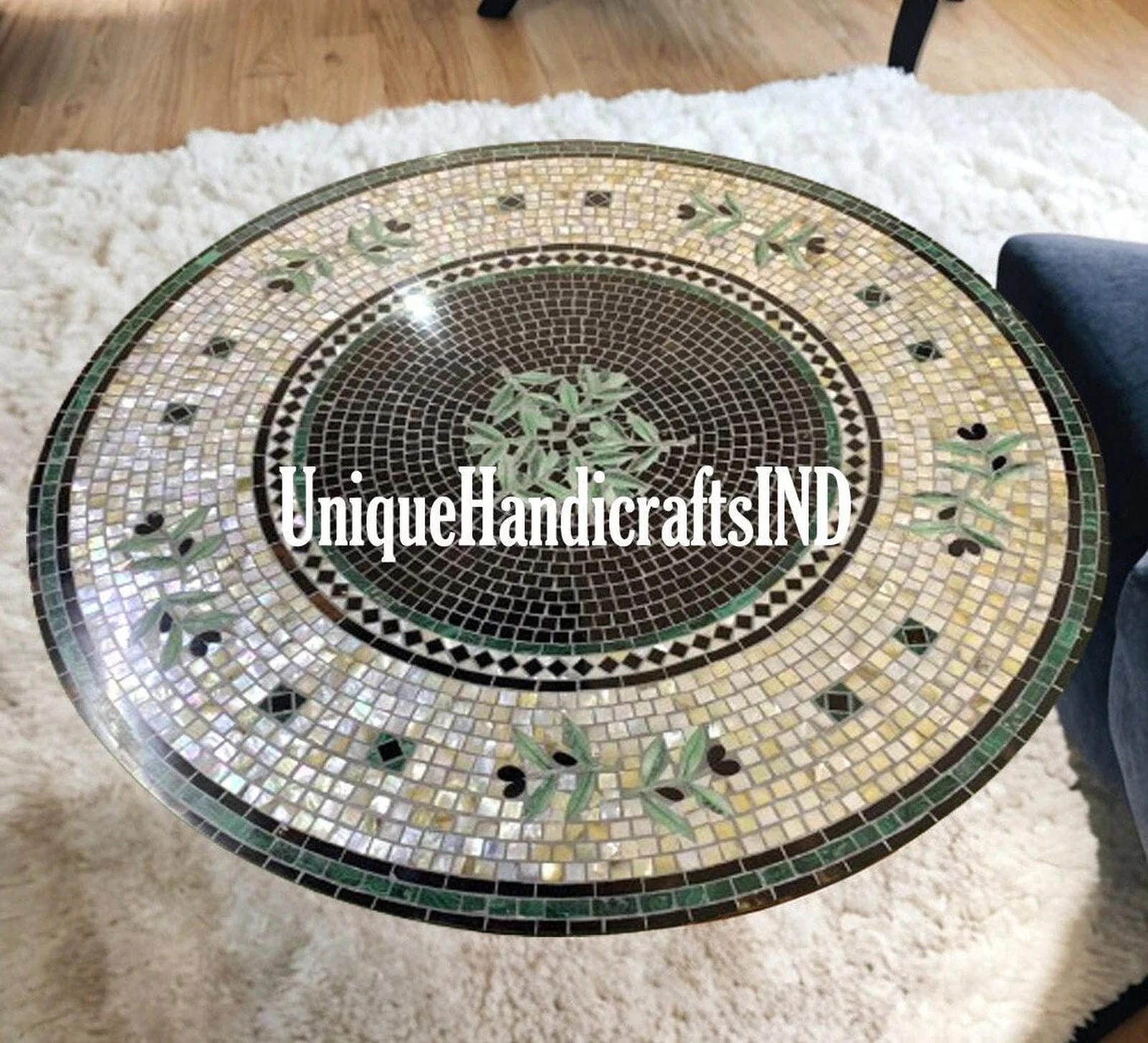 Coffe Table in Mother of Pearls stone  Inlay work with Metal legs Unique Handicrafts IND