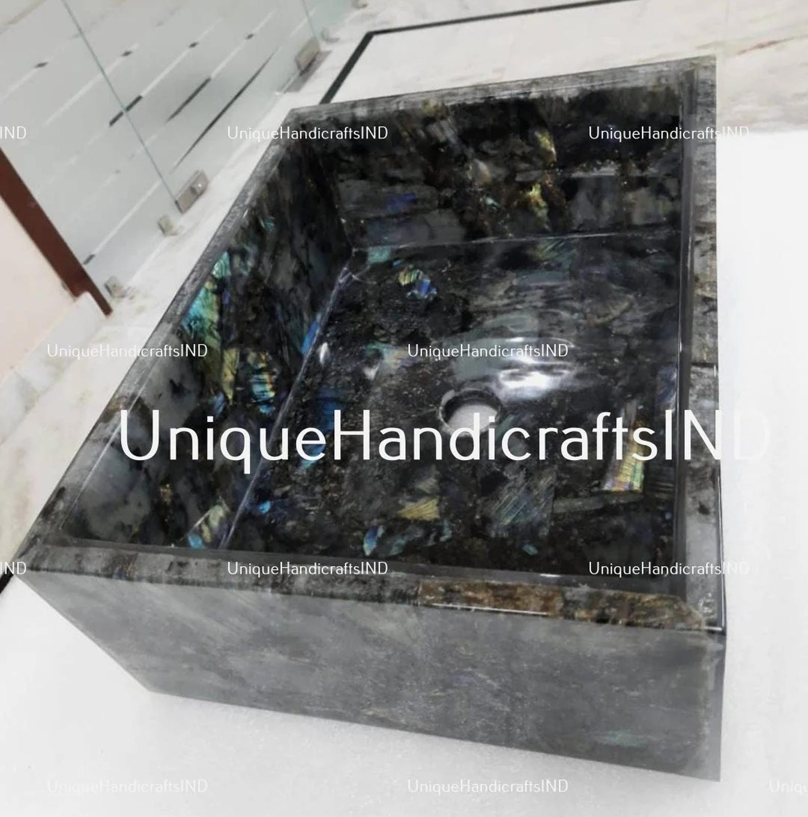 Wash Basin With Labradorite Crystal Stone Arts/ Handmade Customizable Sink/Bathroom Countertop sink Unique Handicrafts IND