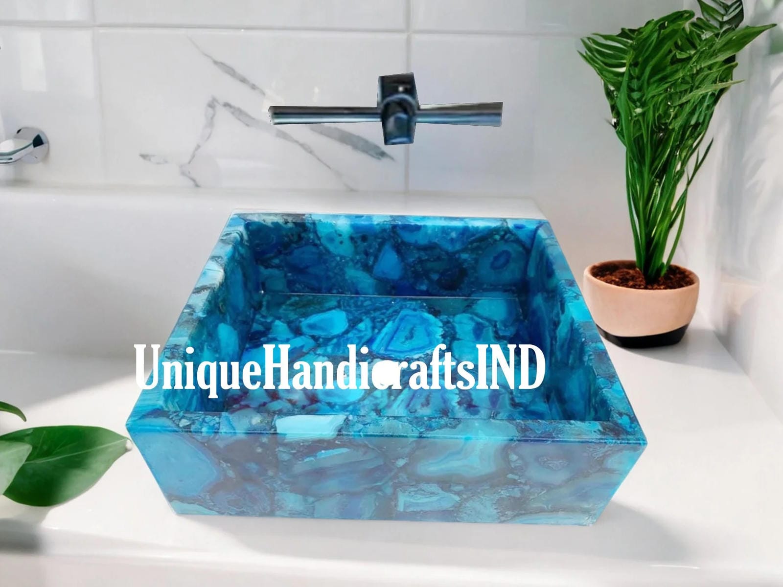 Washbasin With Blue Agate Gemstone Art ,Mid Century Antique Countertop Basin sink For Bathroom & Farmhouse Decor Interior Unique Handicrafts IND