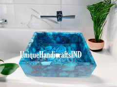 Washbasin With Blue Agate Gemstone Art ,Mid Century Antique Countertop Basin sink For Bathroom & Farmhouse Decor Interior Unique Handicrafts IND