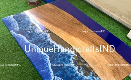 Ocean Wave Epoxy Resin Top Center Sofa Dining Table, Kitchen Slab Table, Custom Made Epoxy Resin Table, Natural Wood 24x48, 36x60 inch Decor Unique Handicrafts IND