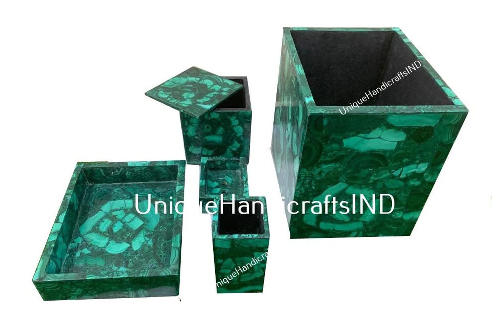 Bathroom Sets in Malachite Stone / Malachite Bathroom Set 5 Pcs/ Handcrafted Gem Stone Bathroom Accessories For Bathroom Vanity Top Decor Unique Handicrafts IND