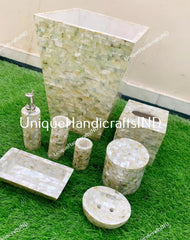 Mother of Pearl Bathroom Set of 8 Pcs | Elegant Marble Mop Bathroom Accessories Set with Soap Dispenser, Toothbrush Holder, Tumbler Unique Handicrafts IND