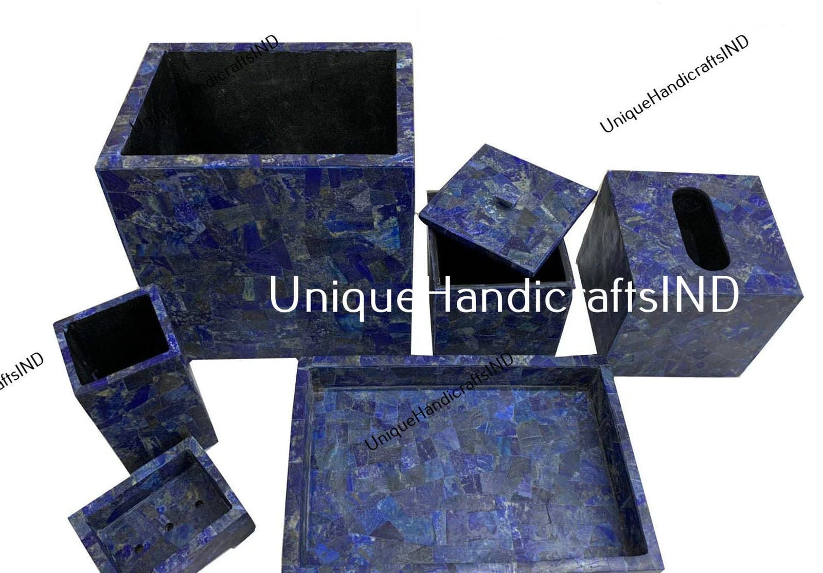 Bathroom Set Lapis Lazuli Marble Bathroom Accessories Set of 7 pcs / Soap Dispenser / Trash Bin / Soap Dish / Vanity Tray / Tissue Box Unique Handicrafts IND
