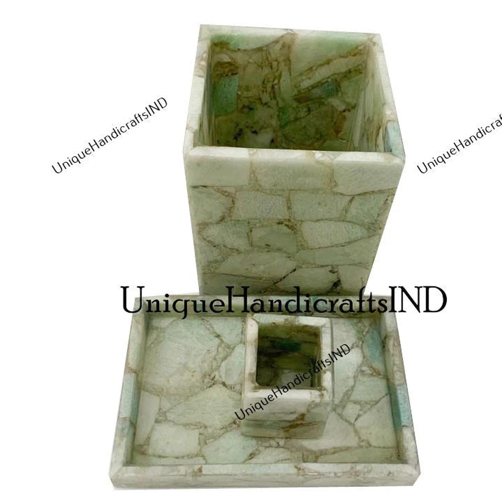 Amazonite Stone Bathroom Set of 3 Pcs | Unique Natural Stone Soap Dispenser, Toothbrush Holder, Tumbler Unique Handicrafts IND