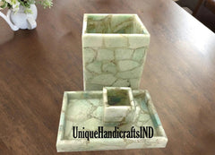 Amazonite Stone Bathroom Set of 3 Pcs | Unique Natural Stone Soap Dispenser, Toothbrush Holder, Tumbler Unique Handicrafts IND