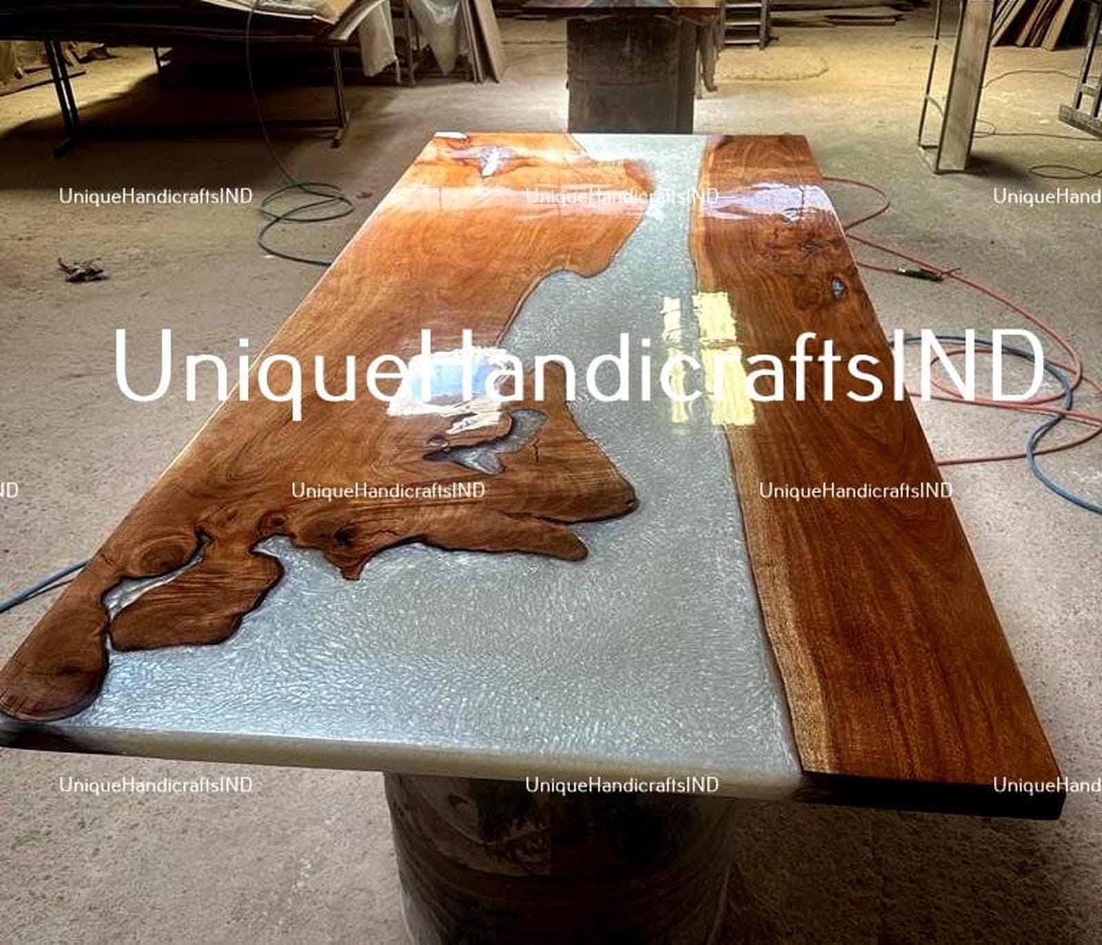 Live Edge Table, Epoxy Resin Table, Wooden Table, Custom Walnut Gray Swirl Table, Epoxy Table Mid Century Modern Furniture Unique Handicrafts IND