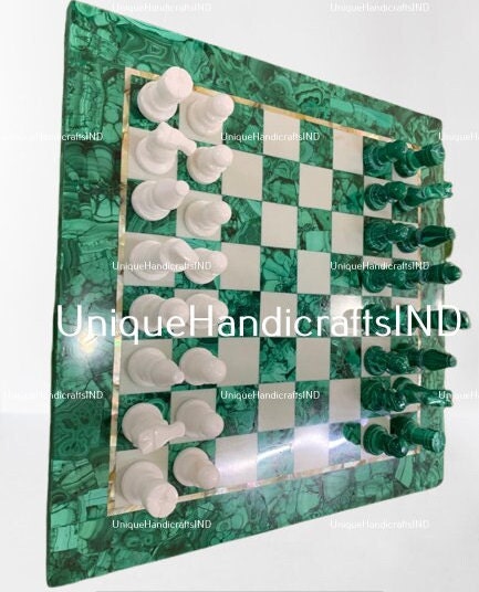 Christmas Gift Chess Set in Green Malachite Stone , Stone inlay Art / Marble Handmade Malachite Chess Table Top For Fathers Day Gift Unique Handicrafts IND