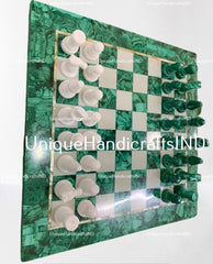 Christmas Gift Chess Set in Green Malachite Stone , Stone inlay Art / Marble Handmade Malachite Chess Table Top For Fathers Day Gift Unique Handicrafts IND