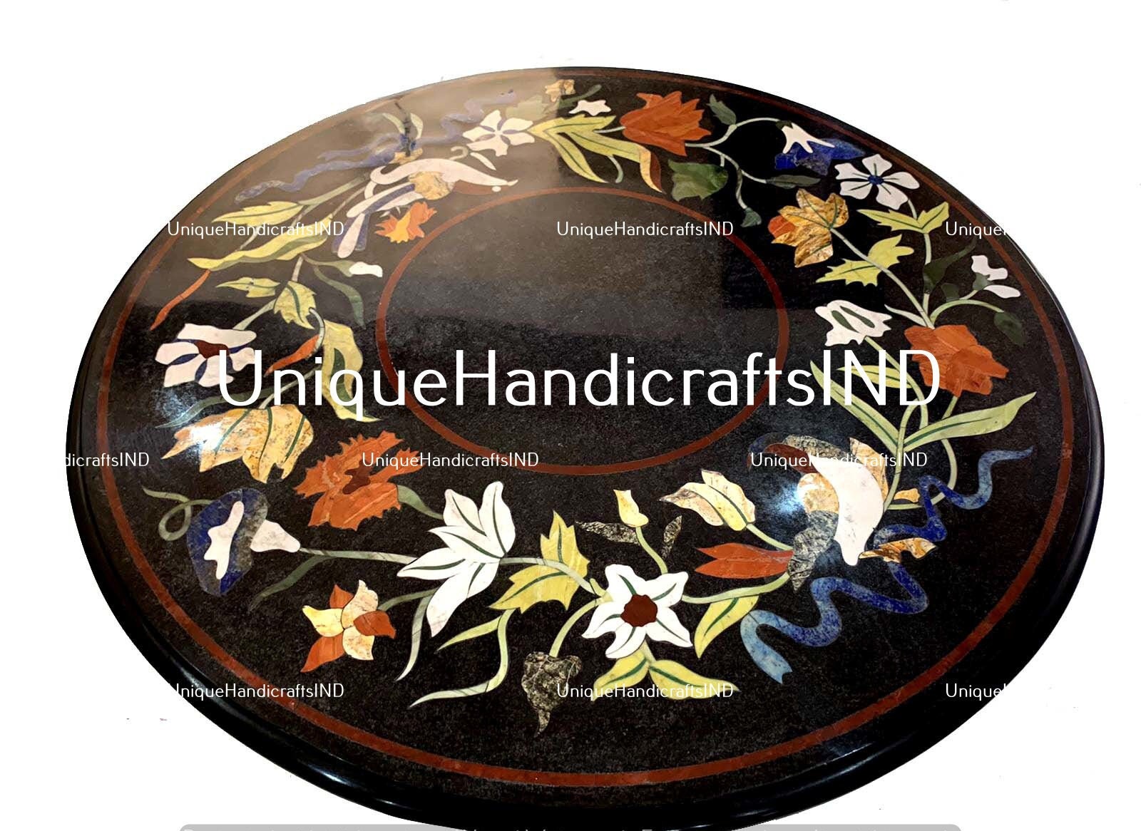 Coffee Table With Black Marble Semi Precious Inlay Pietradura Lapis Floral Art Home Decor Fathers Day Gift Unique Handicrafts IND