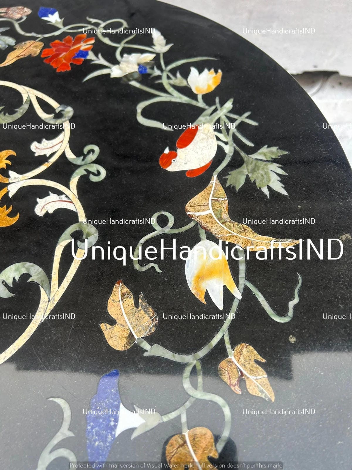 Black Marble Coffee Table Top Handmade Semi Precious Stone Birds Inlay Marquetry Art Home Decor Collectible Furniture Gift For Her Unique Handicrafts IND