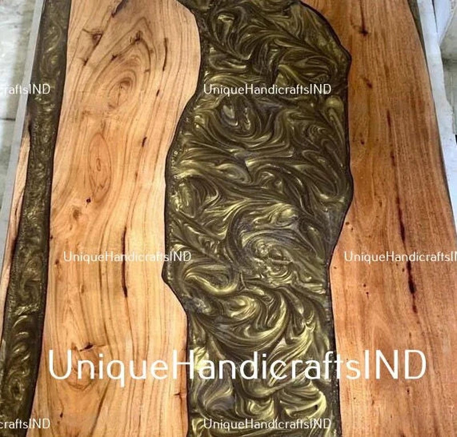 Conference Table ,Live Edge Table With Golden Resin Art, Epoxy Resin Table Mid Century Modern Furniture Unique Handicrafts IND