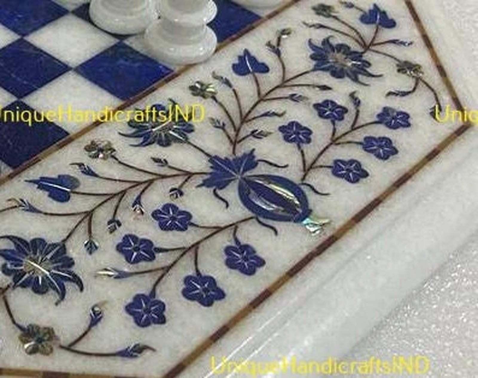 Christmas Gifts Chess Table White Marble Hand Made Chess Set Pieces Board Game With lapis lazuli Inlay Floral Art Best Fathers Day Gift Unique Handicrafts IND