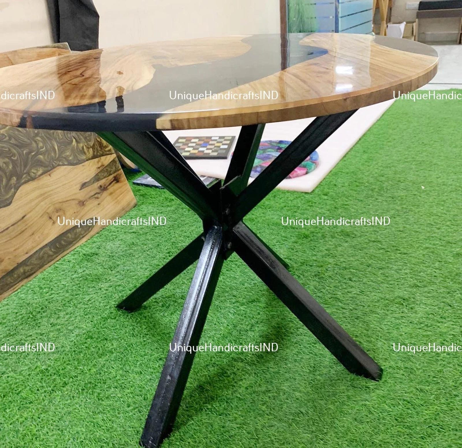 Round Table With Black Epoxy Resin Arts Handmade Beach House Decor Furniture Gift For Him / Her Unique Handicrafts IND