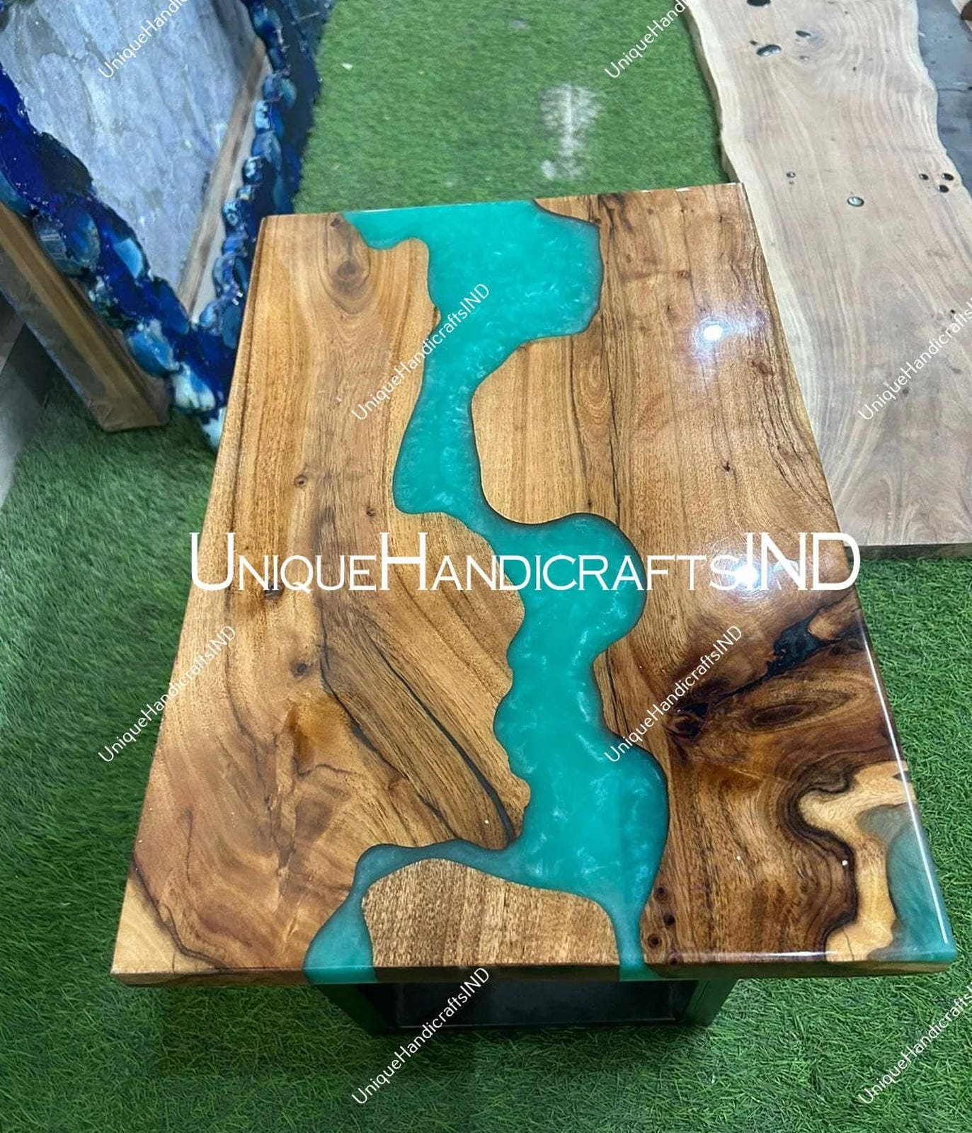 Blue Epoxy Resin Table with Acacia Wood Top Unique Coffee Table for Home and Restaurant Decor - Epoxy Center Table Hallway Furniture Decors Unique Handicrafts IND